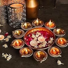 ZEN IMPEX Diya Shape Flower Decorative Urli Bowl for Home Handcrafted Bowl for Floating Flowers for Home (10 Inches) Metal - Brown, 1 L