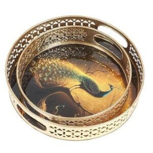 ZEN IMPEX Metal Round Black Peacock Design Trays for Serving | Multipurpose | Enamel Coated Tray | Home Kitchen Decor | Dinning Tray |Kitchen Organizer, Work| Golden Set of 2-8'', 10'' inch