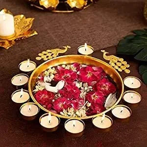 ZEN IMPEX Handcrafted Urli Bowls for Home Decor Best Gift, Floating Water bowlPEACOCK| Tealight Candles and Diya|,Diya, Home Decor, urli (12 inches) Set of 2