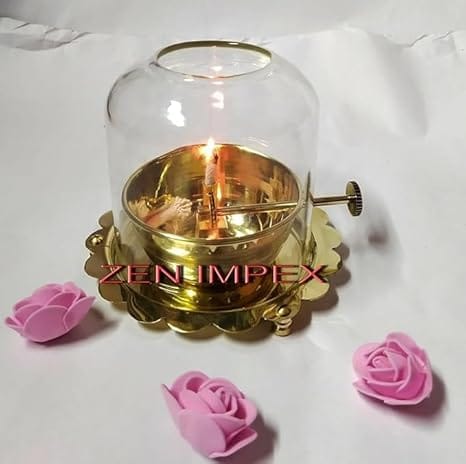 Handicrafts - Premium Brass Akhand Jyoth with Glass Chimney - Diya - Deep - Golden Brass Diya with Wick Lifting Screw Lever Pooja Item for Diwali, Navratri, Home Decoration.6 inch *5.5 inch - Image 6