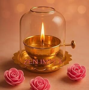 Premium brass Akhand Jyoth with glass chimney β golden brass diya featuring wick lifting screw lever, perfect for Diwali, Navratri pooja, and home temple decoration (6 x 5.5 inch).