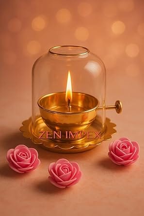 Premium brass Akhand Jyoth with glass chimney – golden brass diya featuring wick lifting screw lever, perfect for Diwali, Navratri pooja, and home temple decoration (6 x 5.5 inch).