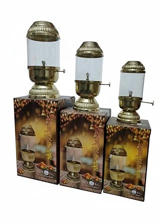 Premium Brass Akhand Jyoth with Glass Chimney for Diwali Pooja Set of 3 lamp Size no 1,2,3 Included