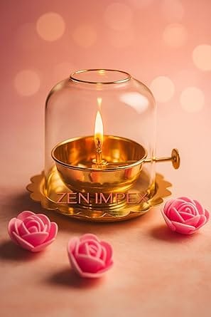Handicrafts - Premium Brass Akhand Jyoth with Glass Chimney - Diya - Deep - Golden Brass Diya with Wick Lifting Screw Lever Pooja Item for Diwali, Navratri, Home Decoration.6 inch *5.5 inch - Image 4