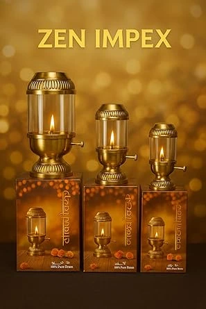 Premium Brass Akhand Jyoth with Glass Chimney for Diwali Pooja Set of 3 lamp Size no 1,2,3 Included - Image 2