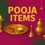Golden pooja items including diya, thali, kalash, bell, and incense sticks