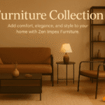 **Alt Text:** "Elegant metal furniture including sofa, table, chair, and lamp arranged in a modern festive living room setup from Zen Impex."