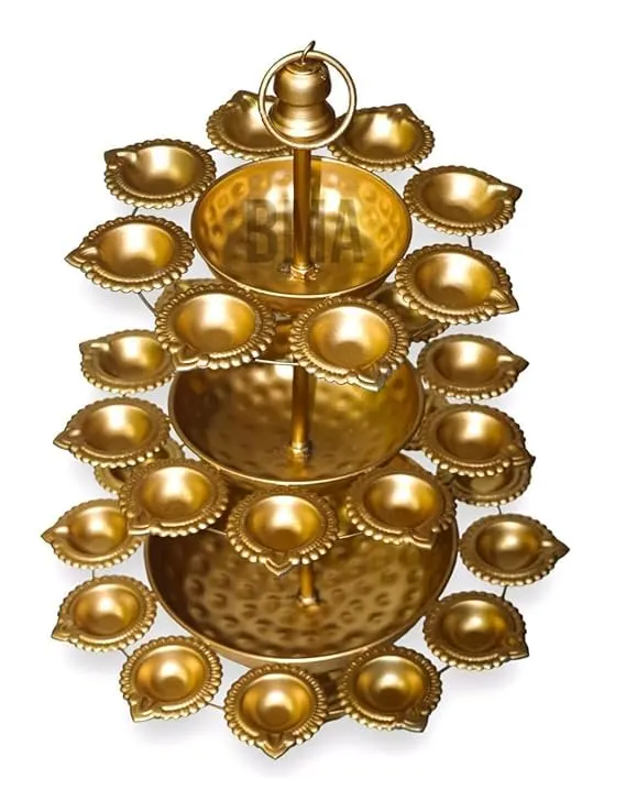 ZEN IMPEX 3 Tier Brass Urli Premium Metal Arts Metal Gold Urli Bowl with Diya. Urli Bowl for Home Decoration | Candle Stands with Diya | Diwali Showpiece Candle Holder. - Image 2