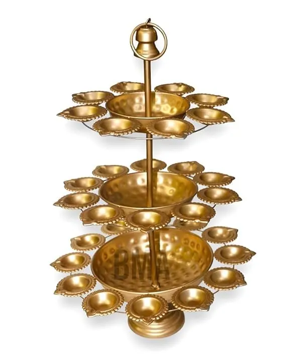 ZEN IMPEX 3 Tier Brass Urli Premium Metal Arts Metal Gold Urli Bowl with Diya. Urli Bowl for Home Decoration | Candle Stands with Diya | Diwali Showpiece Candle Holder. - Image 3