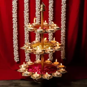 ZEN IMPEX 3 Tier Brass Urli Premium Metal Arts Metal Gold Urli Bowl with Diya. Urli Bowl for Home Decoration | Candle Stands with Diya | Diwali Showpiece Candle Holder.