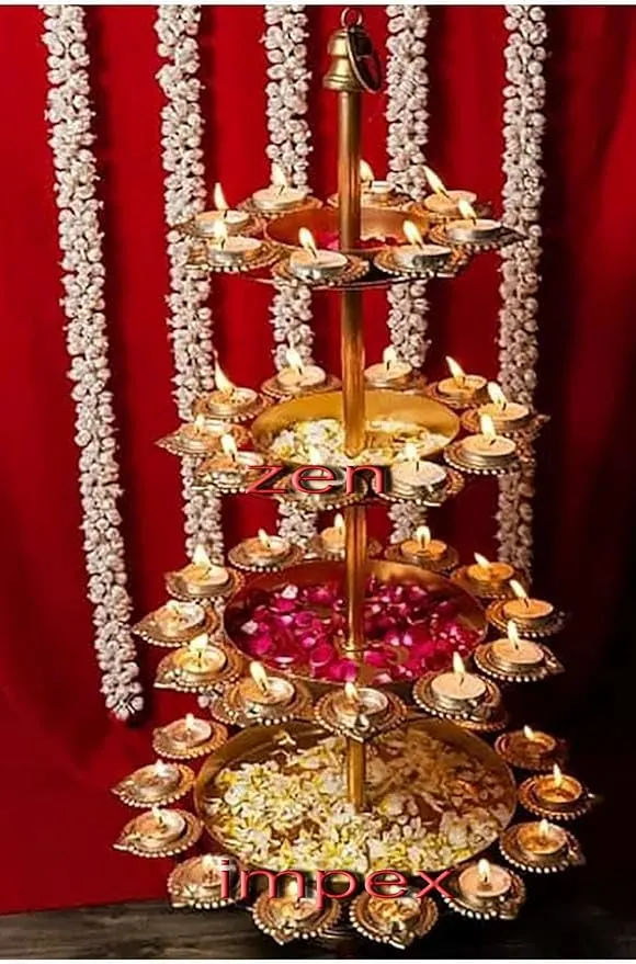 ZEN IMPEX 4 Tier Brass Urli Premium Metal Arts Metal Gold Urli Bowl with Diya. Urli Bowl for Home Decoration | Candle Stands with Diya | Diwali Showpiece Candle Holder.