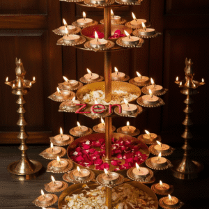 5 Tier Brass Urli Premium Metal Arts Metal Gold Urli Bowl with Diya. Urli Bowl for Home Decoration | Candle Stands with Diya | Diwali Showpiece Candle Holder.